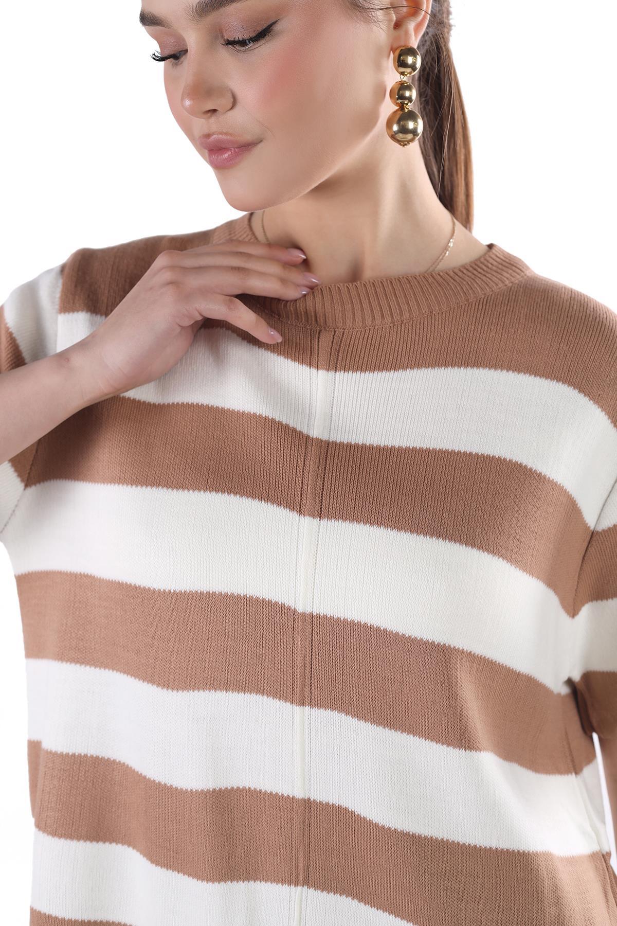 Camel Çizgili Kısa Kol Elbise 24102 - 4