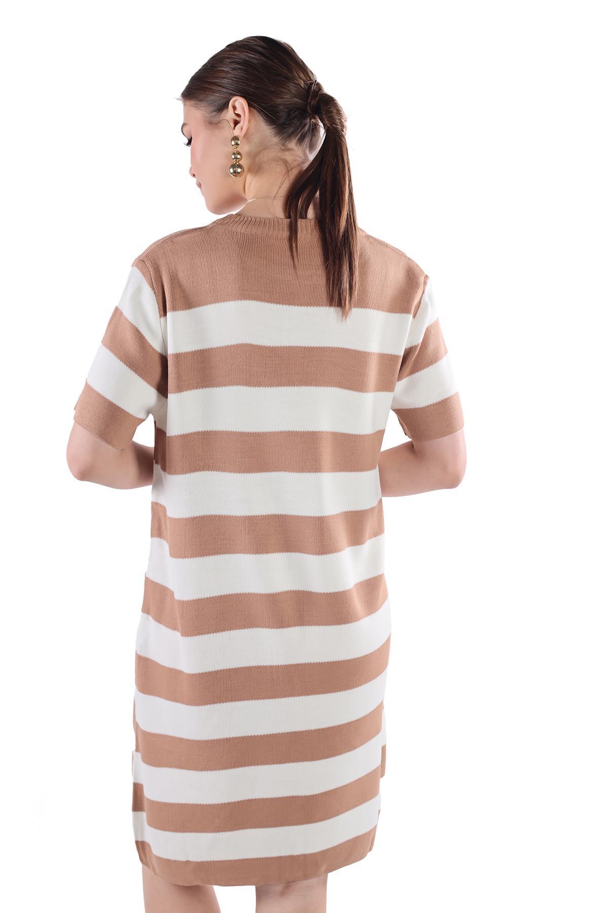 Camel Çizgili Kısa Kol Elbise 24102 - 5