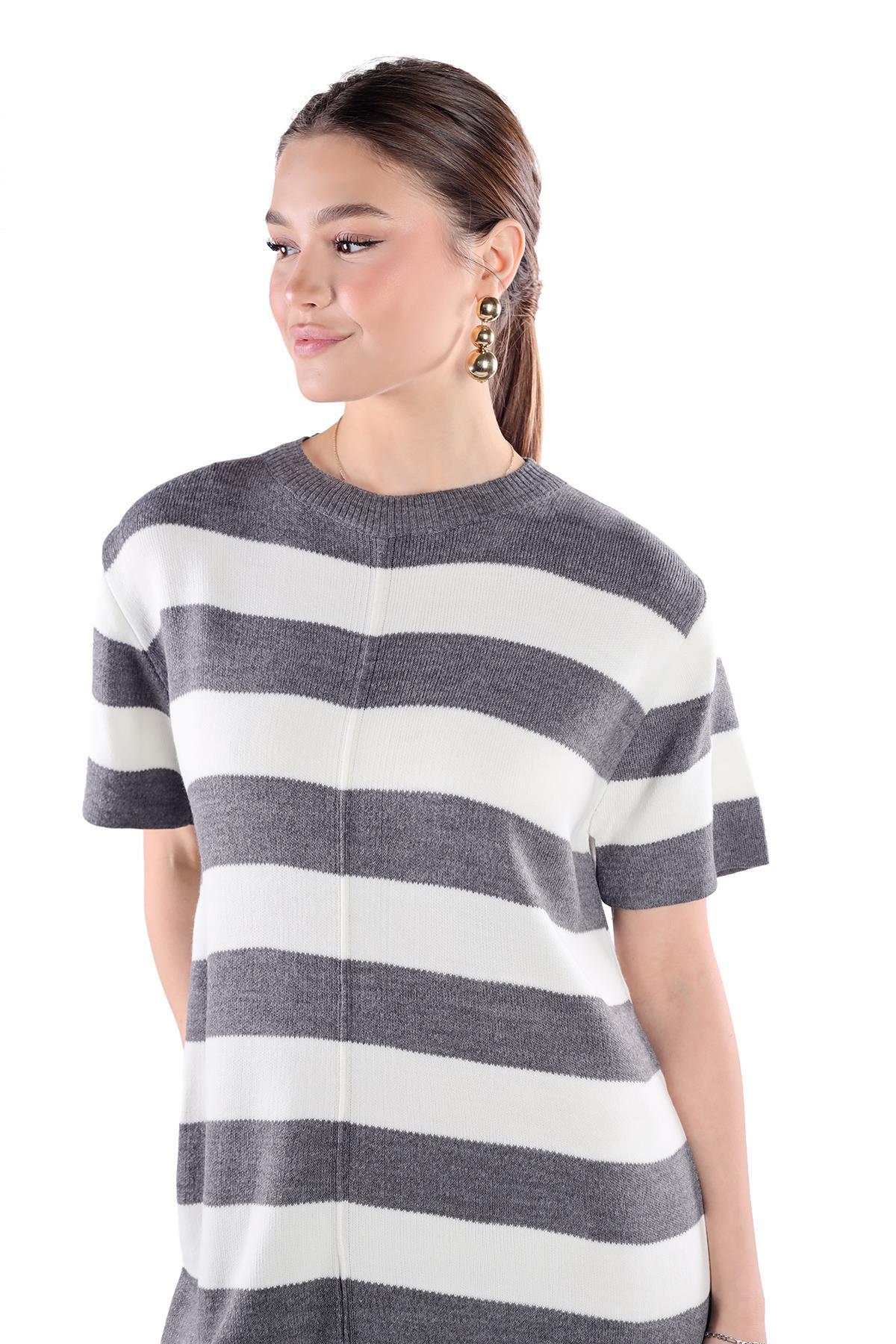 Füme Çizgili Kısa Kol Elbise 24102 - 4