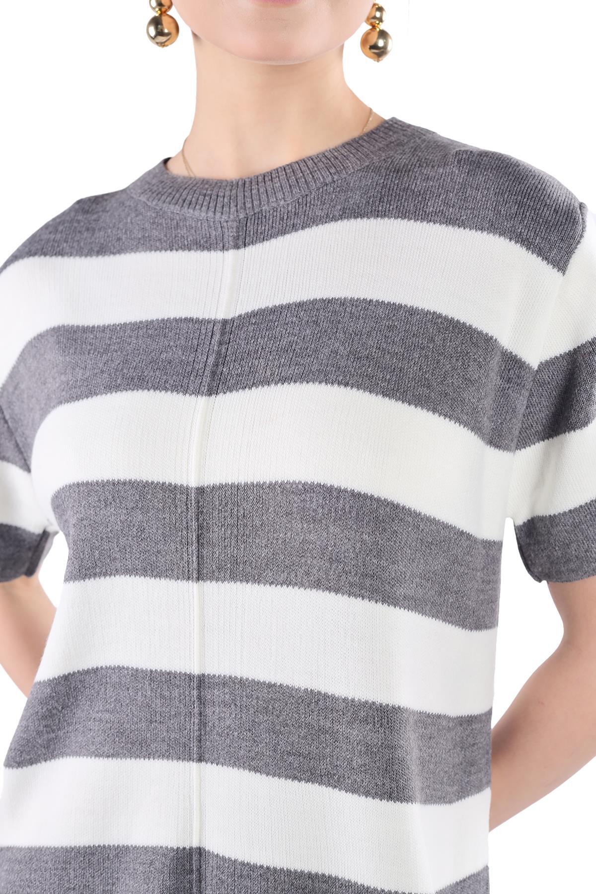 Füme Çizgili Kısa Kol Elbise 24102 - 6