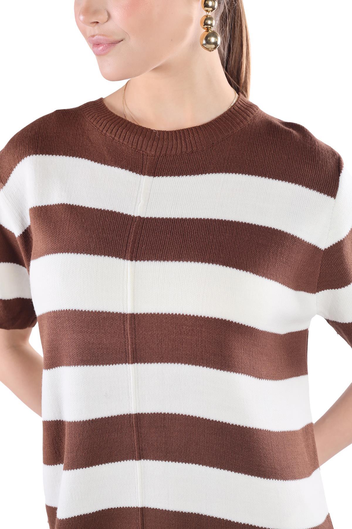 Kahve Çizgili Kısa Kol Elbise 24102 - 4