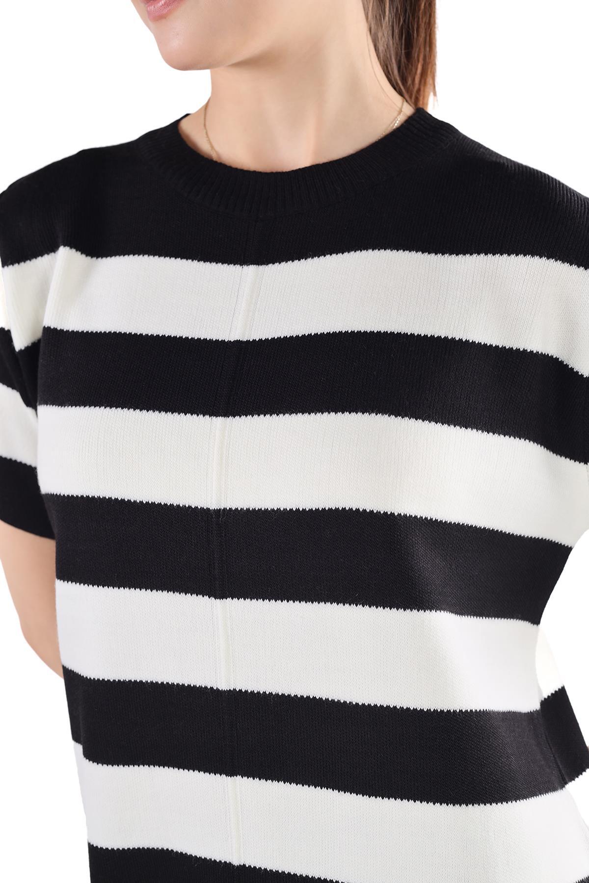 Siyah Çizgili Kısa Kol Elbise 24102 - 4