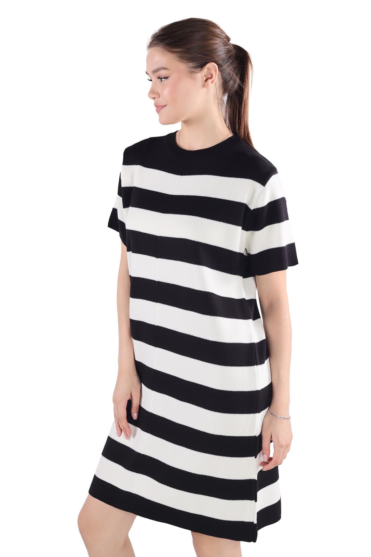 Siyah Çizgili Kısa Kol Elbise 24102 - 7