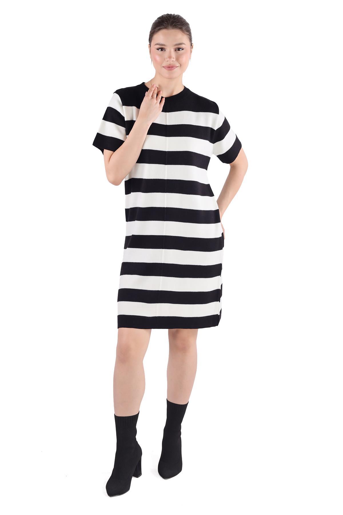 Siyah Çizgili Kısa Kol Elbise 24102 - 8