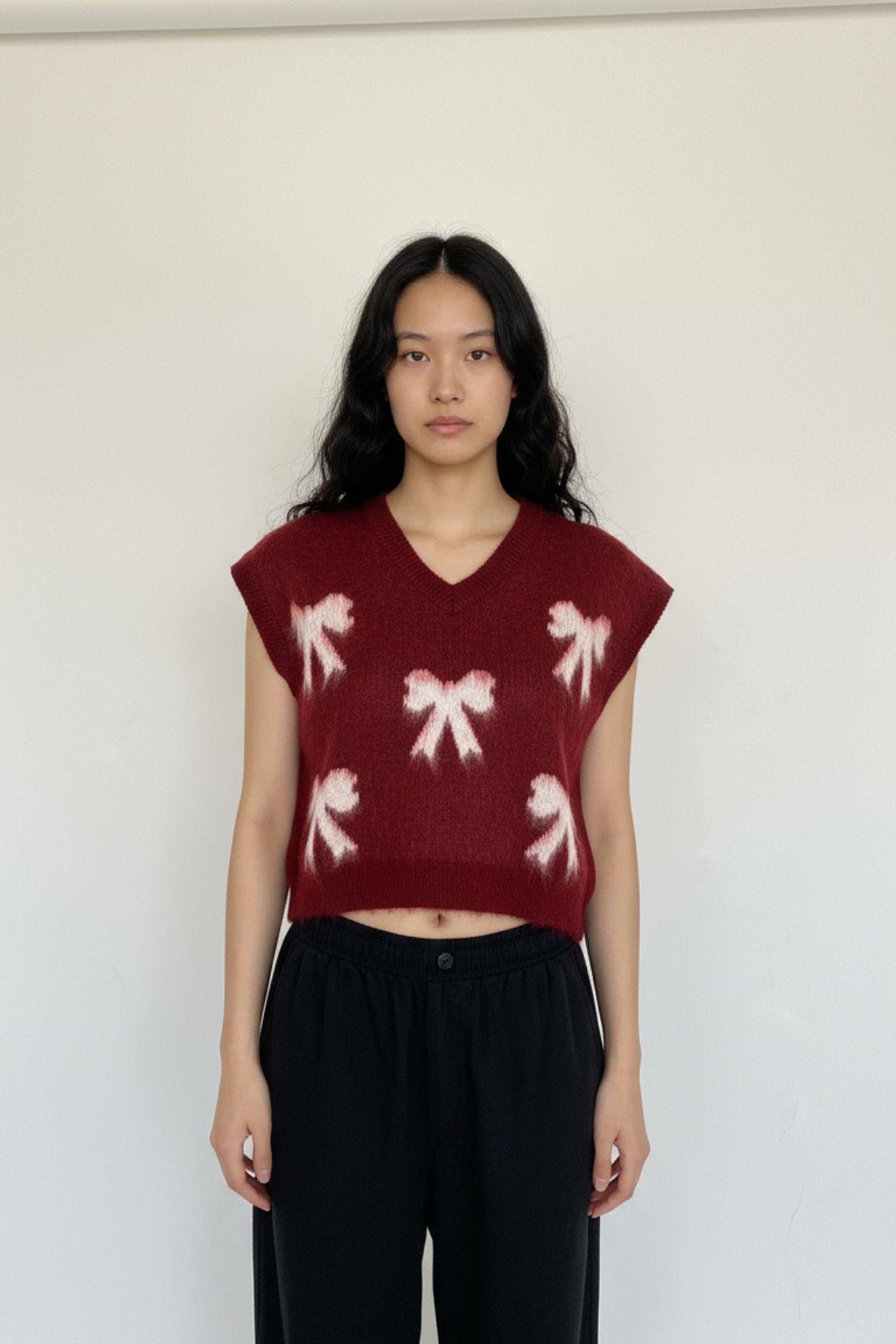 2411 Kurdele Desen V Yaka Süeter Bordo 