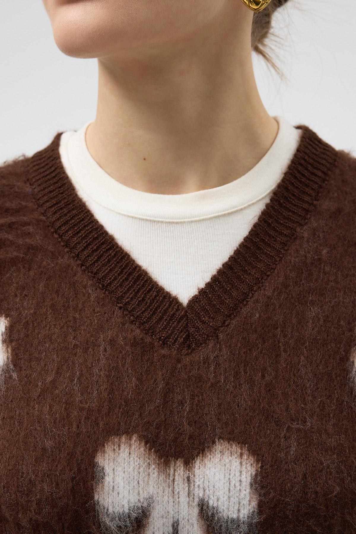 Acı Kahve V Yaka Fiyonk Desenli Kadın Süveter 2411 - RAYS