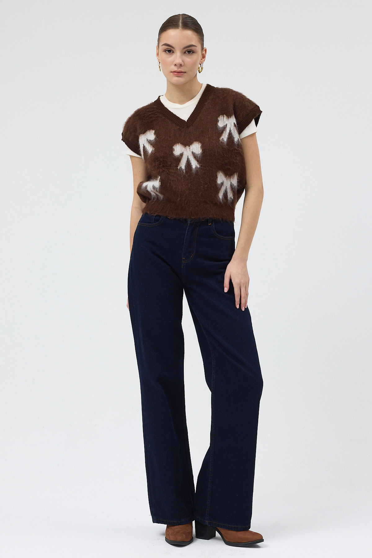 Acı Kahve V Yaka Fiyonk Desenli Kadın Süveter 2411 - 3