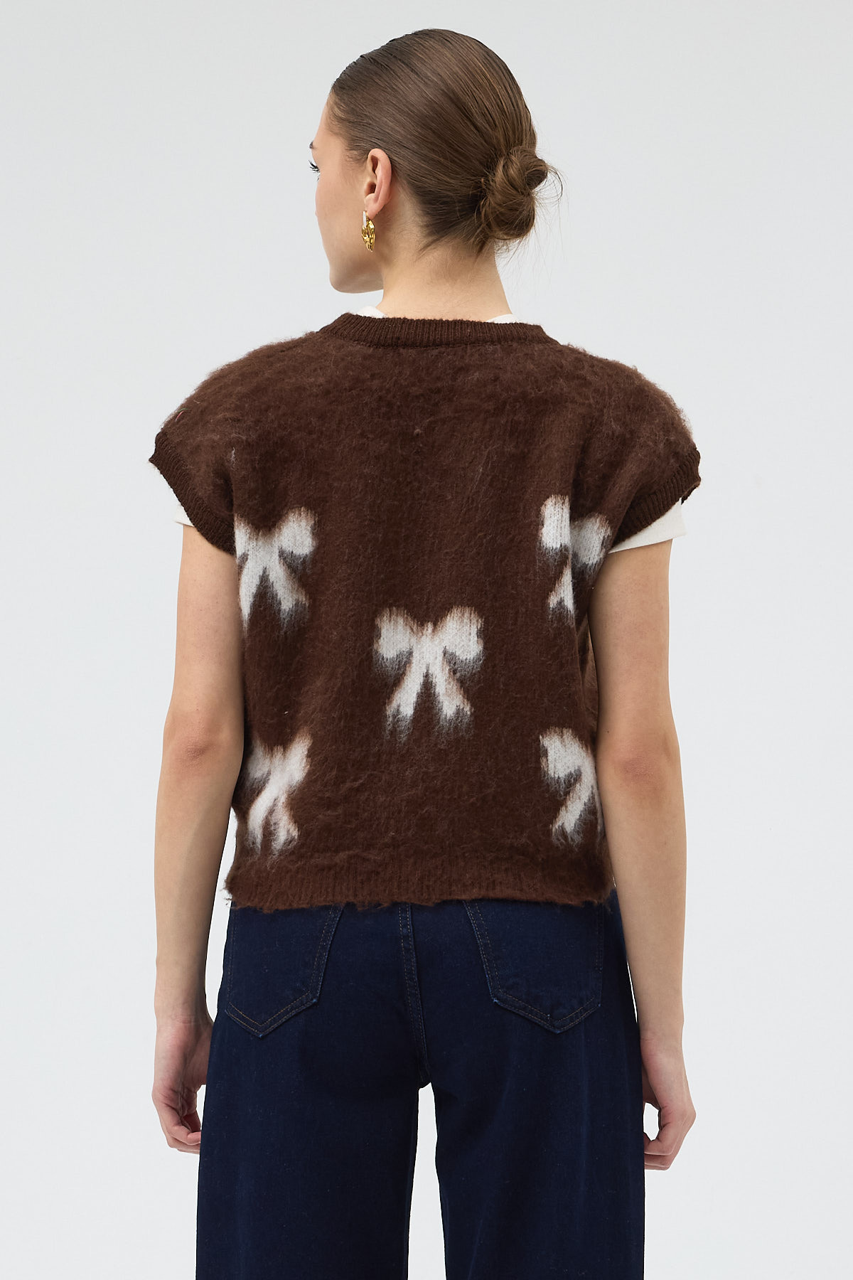 Acı Kahve V Yaka Fiyonk Desenli Kadın Süveter 2411 - 5