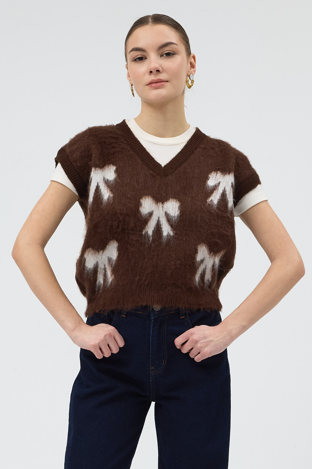 Acı Kahve V Yaka Fiyonk Desenli Kadın Süveter 2411 - RAYS