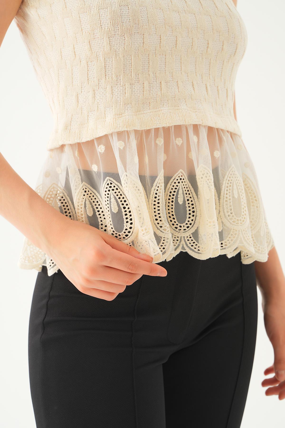 241168 Eteği Tüllü Bluz Bej - 6