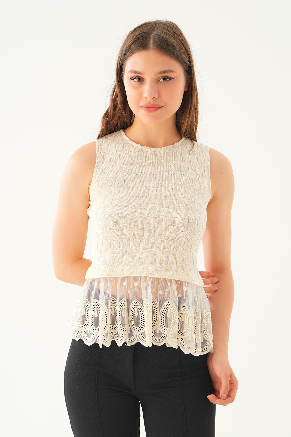 Bej Eteği Tüllü Bluz 241168 - 4