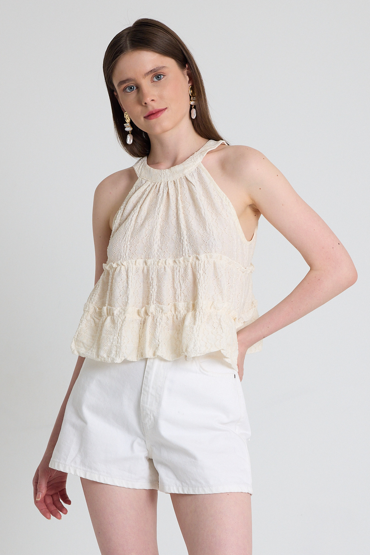 Bej Keten Görünümlü Kat Kat Bluz 241189 - 2