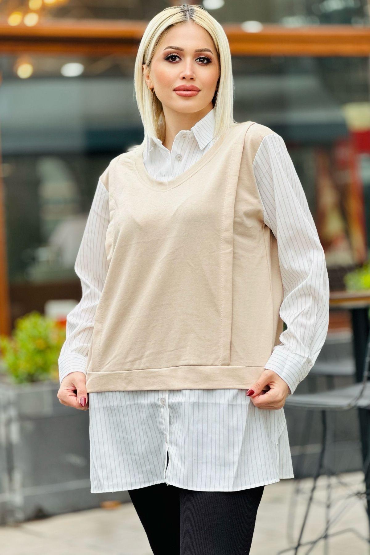 24147 Süveter Detay Tunik Bej - 3