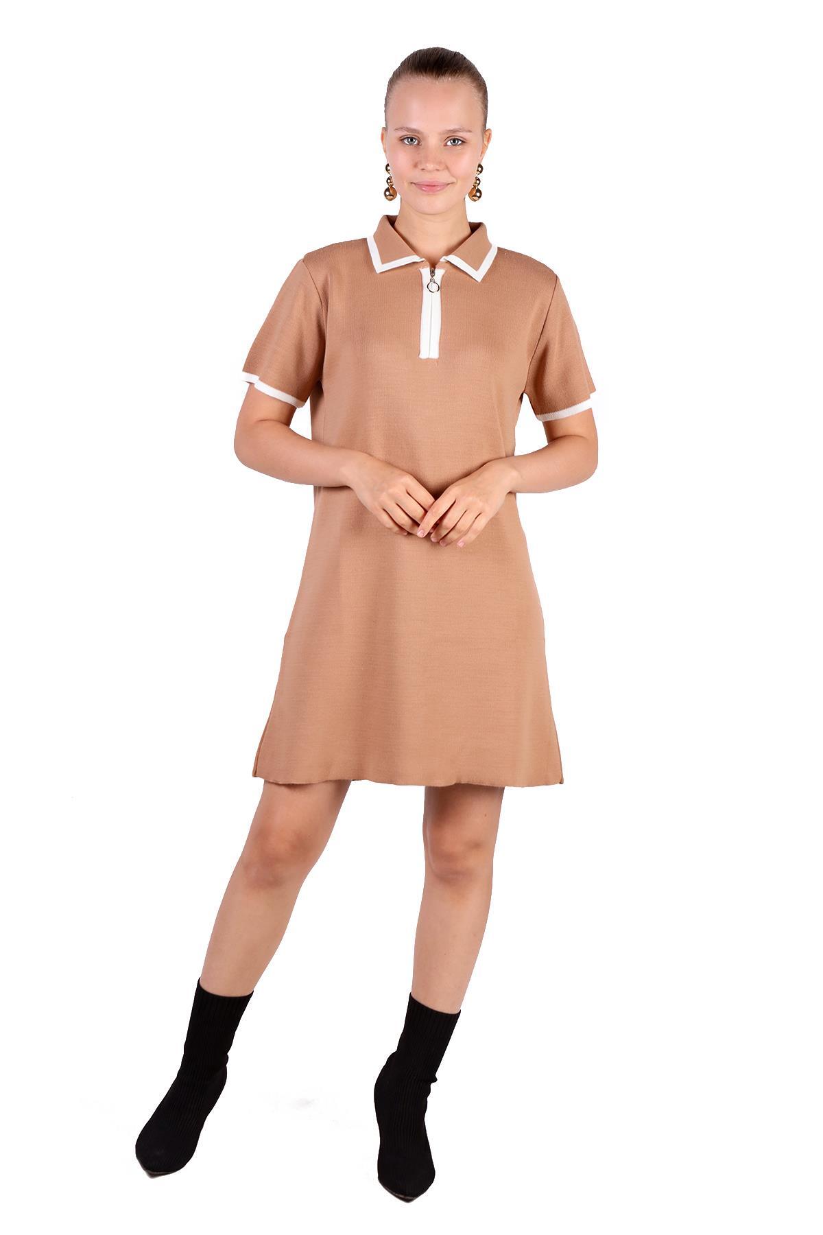 Camel Fermuar Detay Kısa Kol Elbise 24150 