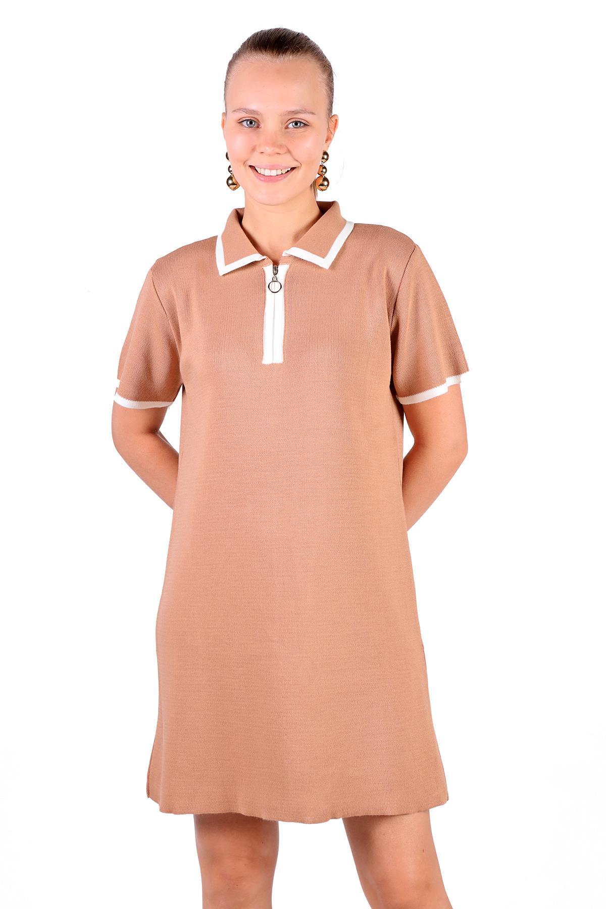 Camel Fermuar Detay Kısa Kol Elbise 24150 - 2