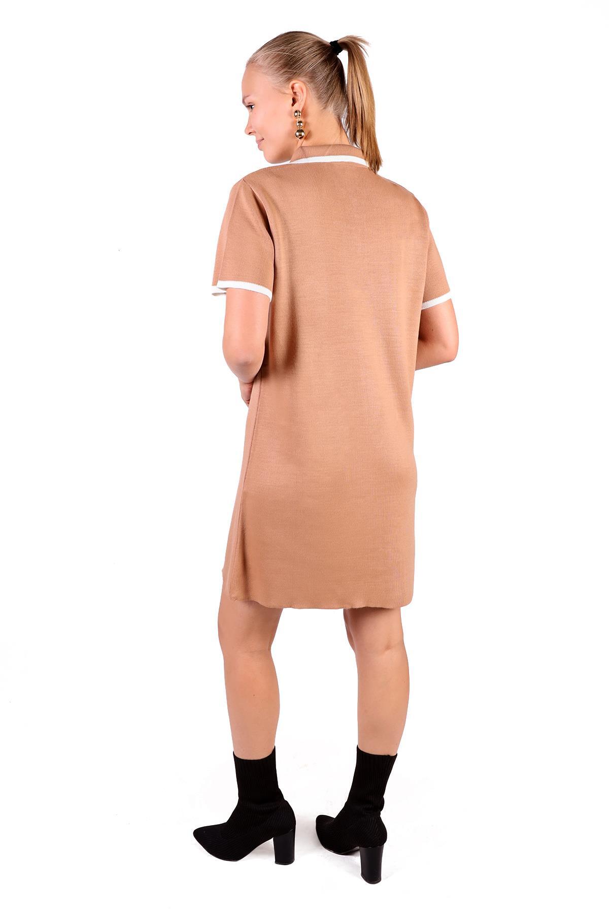 Camel Fermuar Detay Kısa Kol Elbise 24150 - 5