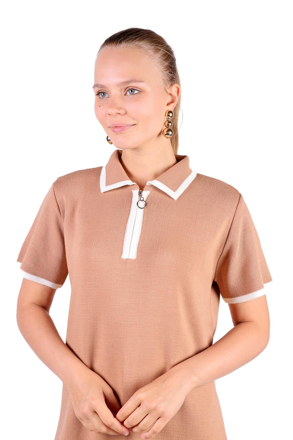 Camel Fermuar Detay Kısa Kol Elbise 24150 - 6