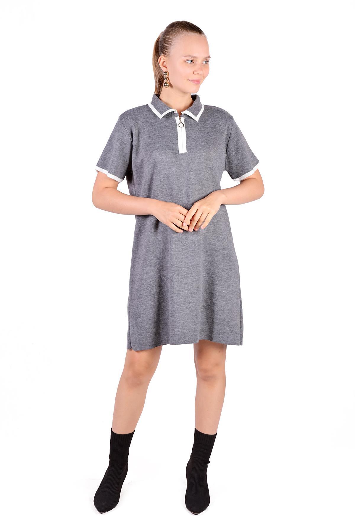 Gri Fermuar Detay Kısa Kol Elbise 24150 - 1