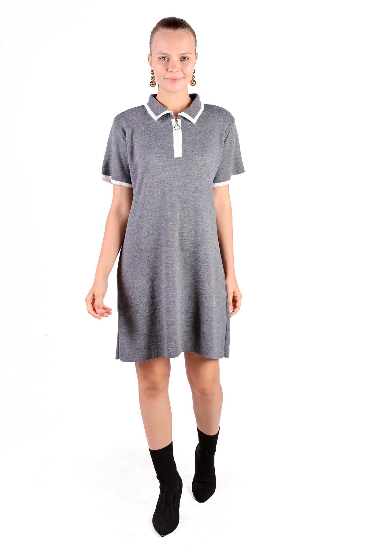 Gri Fermuar Detay Kısa Kol Elbise 24150 - 2
