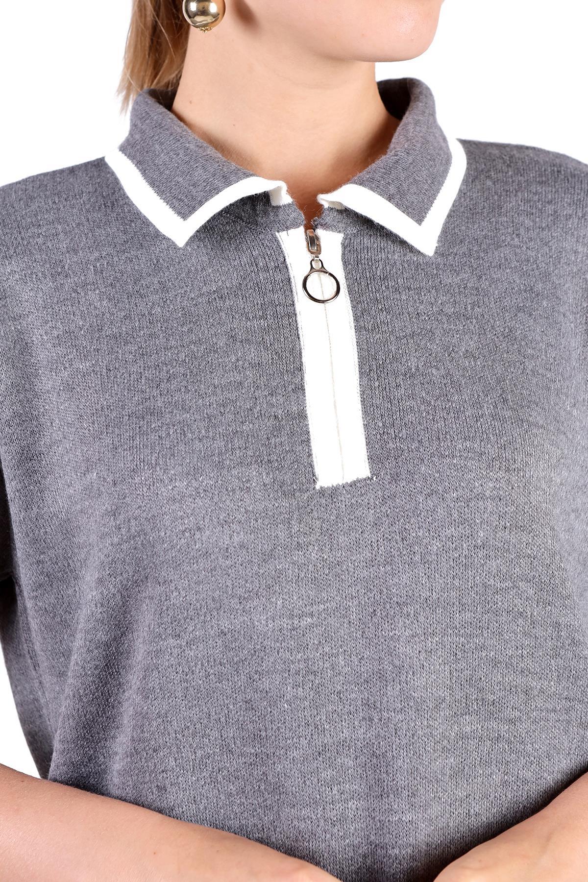 Gri Fermuar Detay Kısa Kol Elbise 24150 - 4