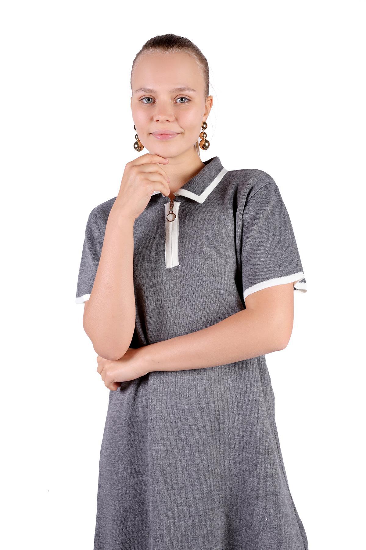 Gri Fermuar Detay Kısa Kol Elbise 24150 - 7