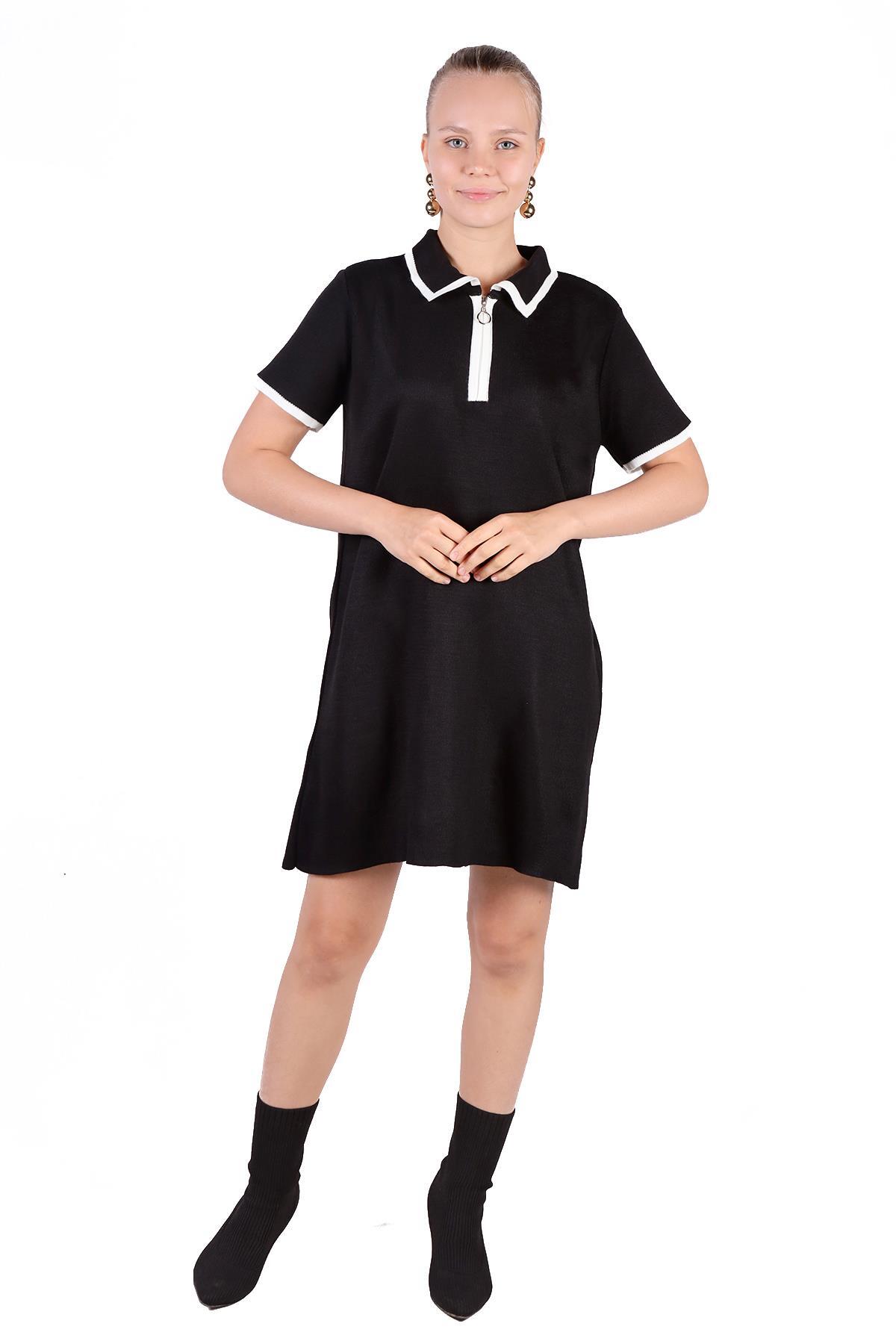 Siyah Fermuar Detay Kısa Kol Elbise 24150 