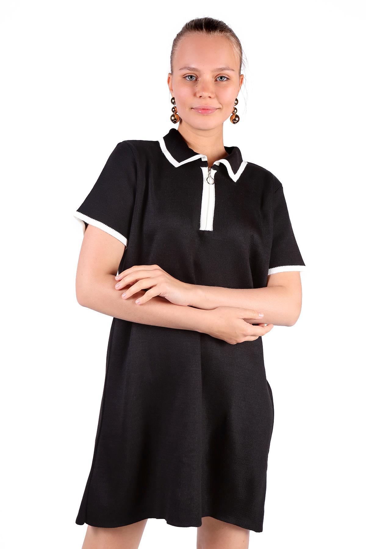 Siyah Fermuar Detay Kısa Kol Elbise 24150 - 2