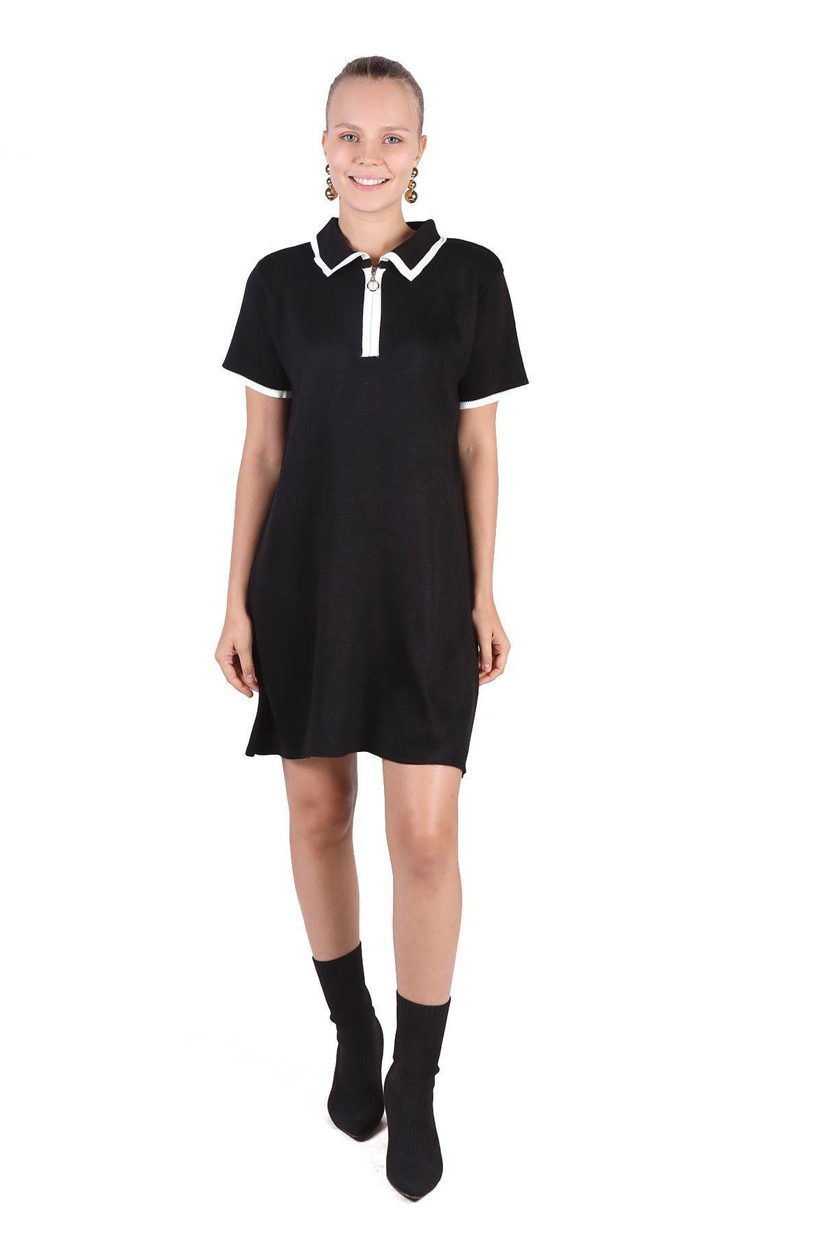 Siyah Fermuar Detay Kısa Kol Elbise 24150 - 3