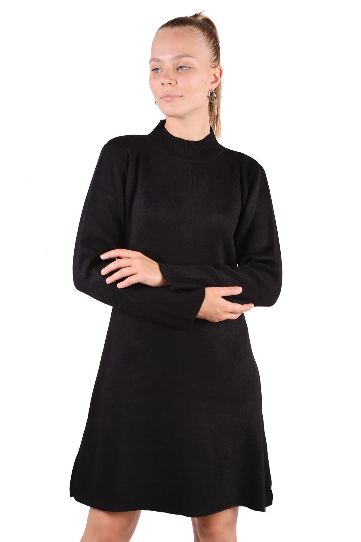 24151 Yarım Boğaz Kısa Triko Elbise Siyah - RAYS