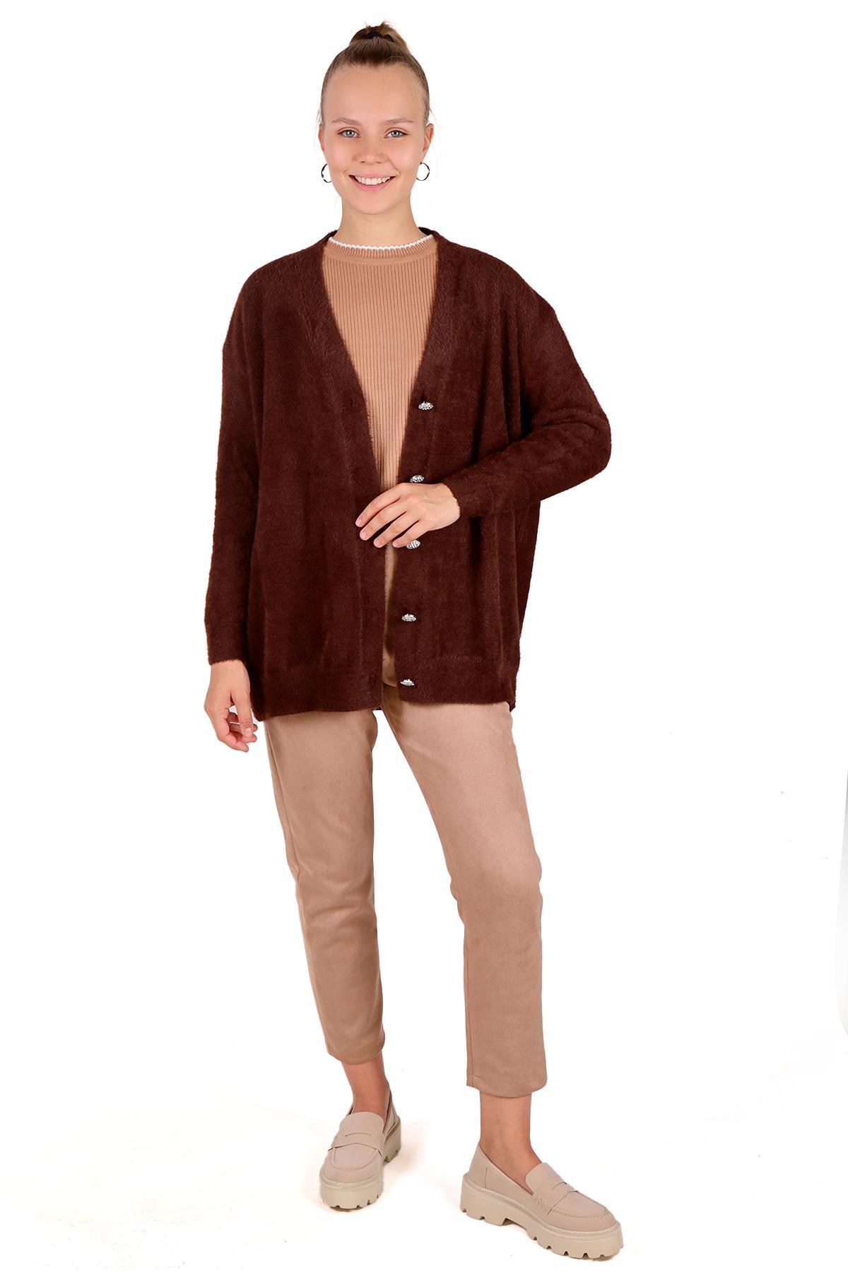 24153 Sakallı Düğme Detay Hırka Kahve - RAYS