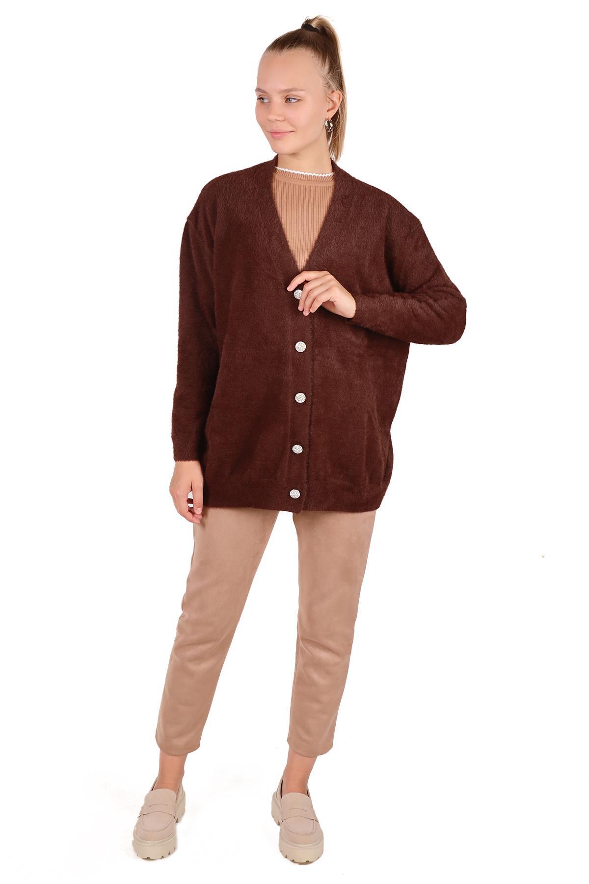 Kahve Sakallı Düğme Detay Hırka 24153 - 3