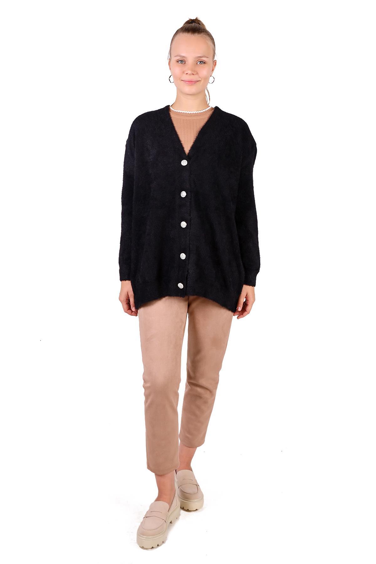 24153 Sakallı Düğme Detay Hırka Siyah 