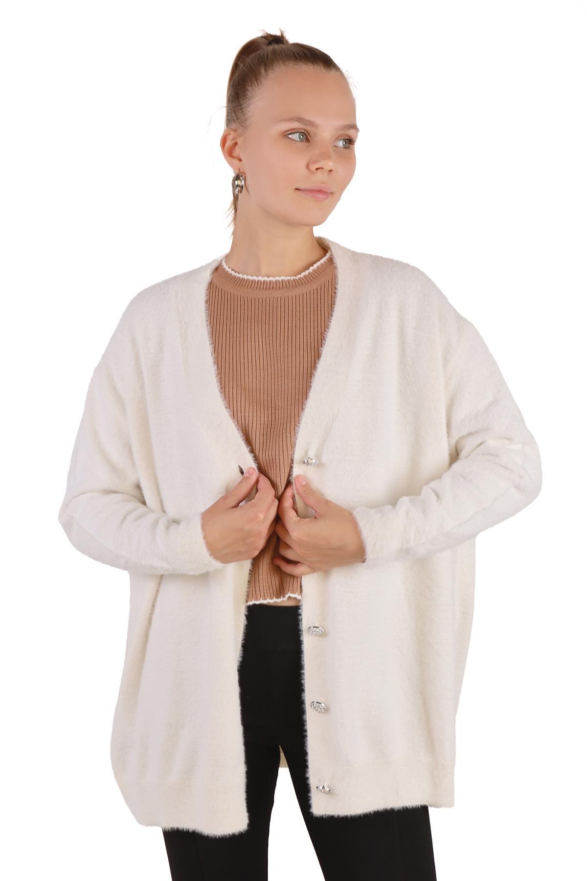 24153 Sakallı Düğme Detay Hırka Taş - RAYS