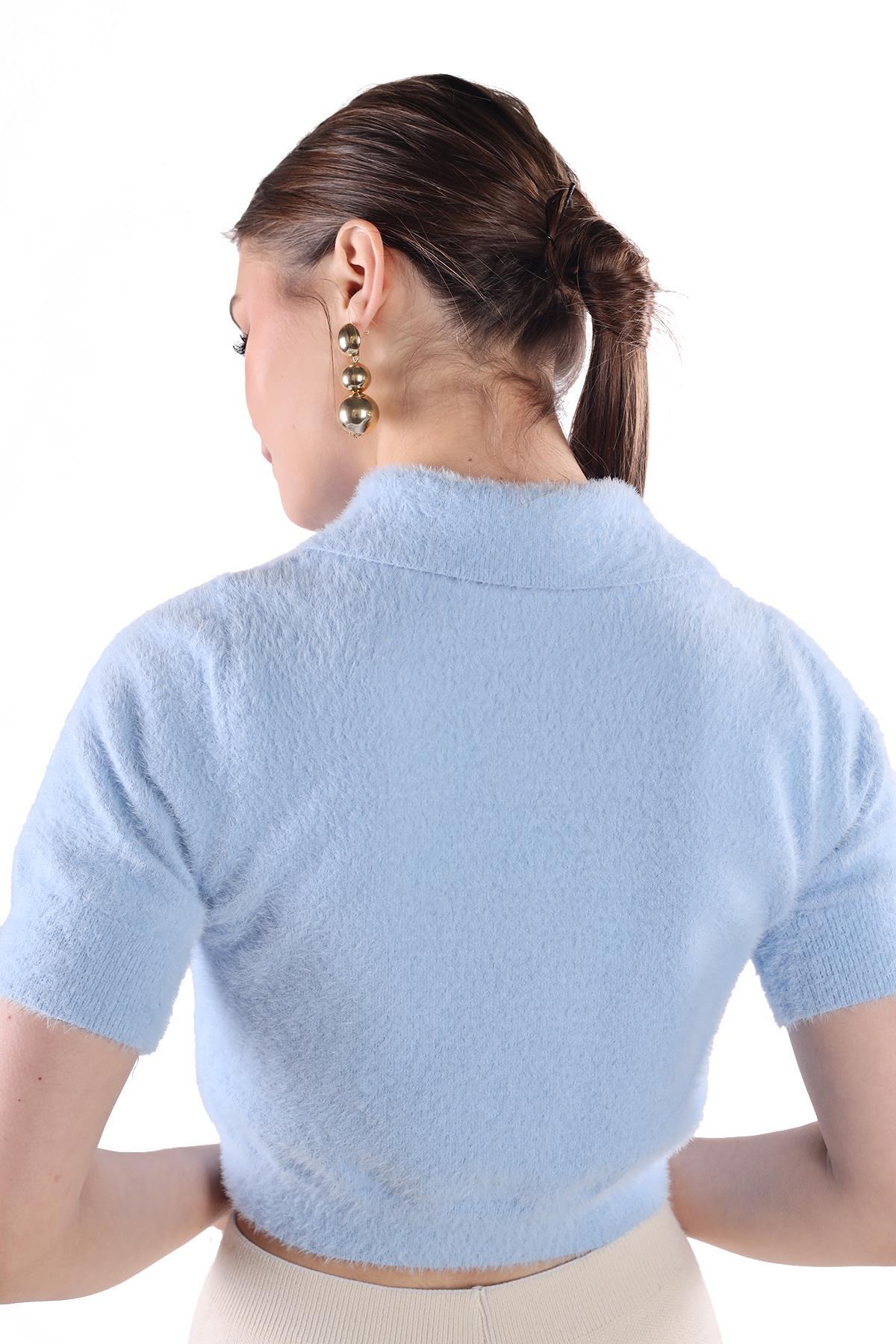 24154 Yaka Düğme Detay Kısa Kol Kazak Bebe Mavi - 5