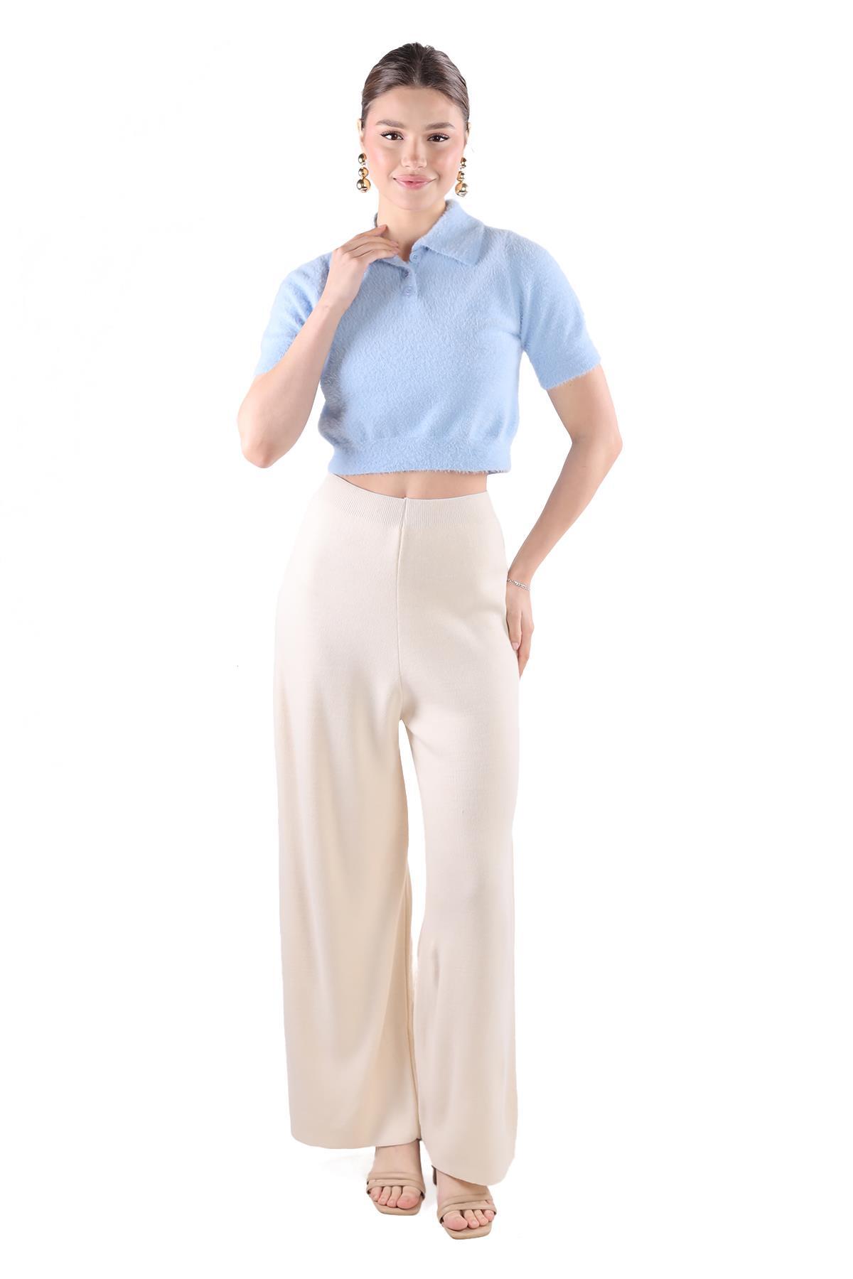 24154 Yaka Düğme Detay Kısa Kol Kazak Bebe Mavi - 6