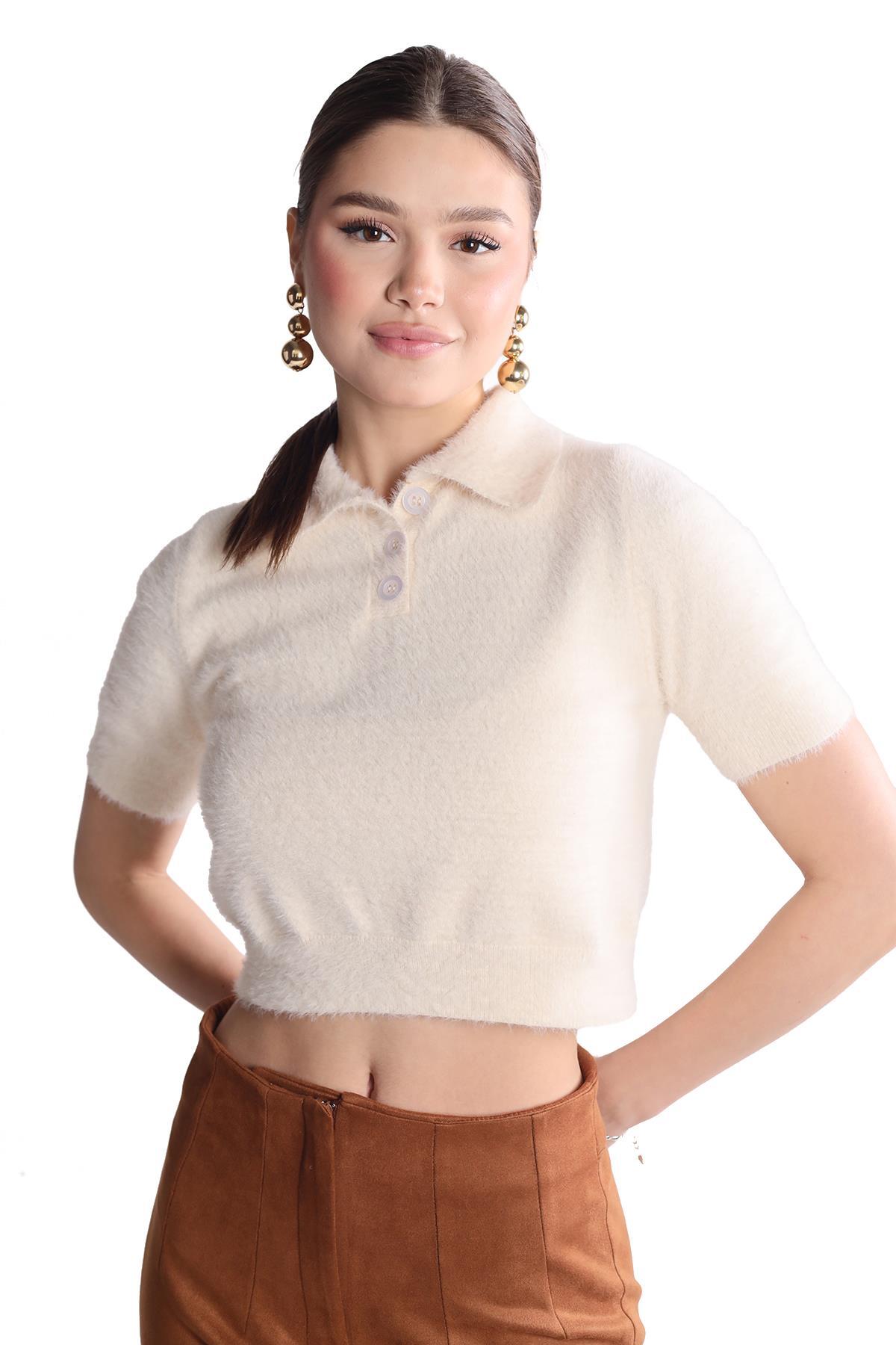 Ekru Yaka Düğme Detay Kısa Kol Kazak 24154 - 1