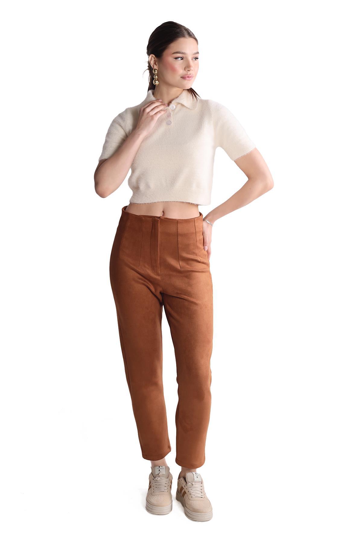 Ekru Yaka Düğme Detay Kısa Kol Kazak 24154 - 2