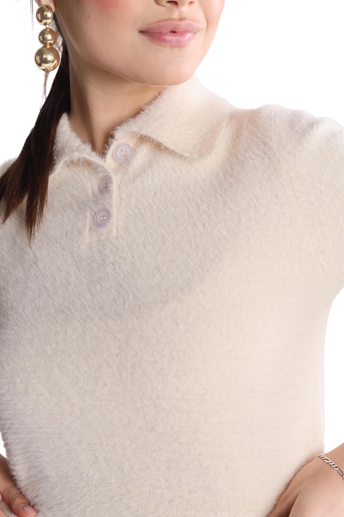 Ekru Yaka Düğme Detay Kısa Kol Kazak 24154 - 4