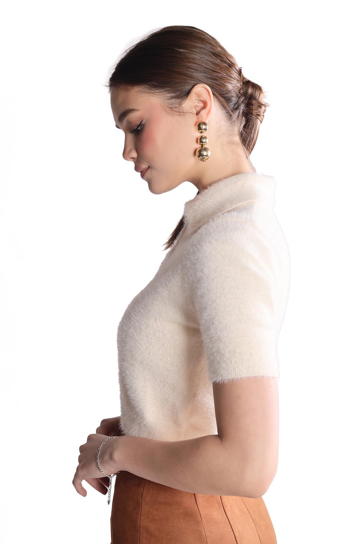 Ekru Yaka Düğme Detay Kısa Kol Kazak 24154 - 6