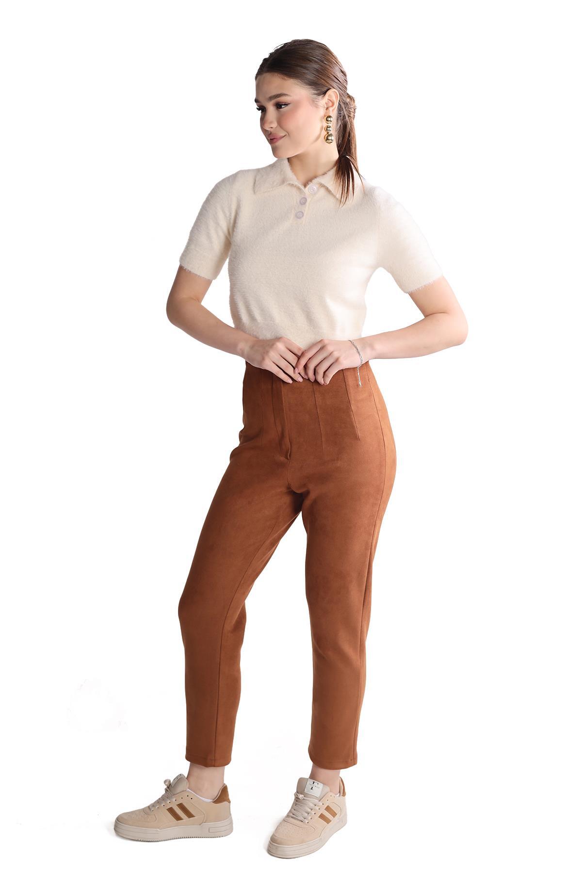 Ekru Yaka Düğme Detay Kısa Kol Kazak 24154 - 7