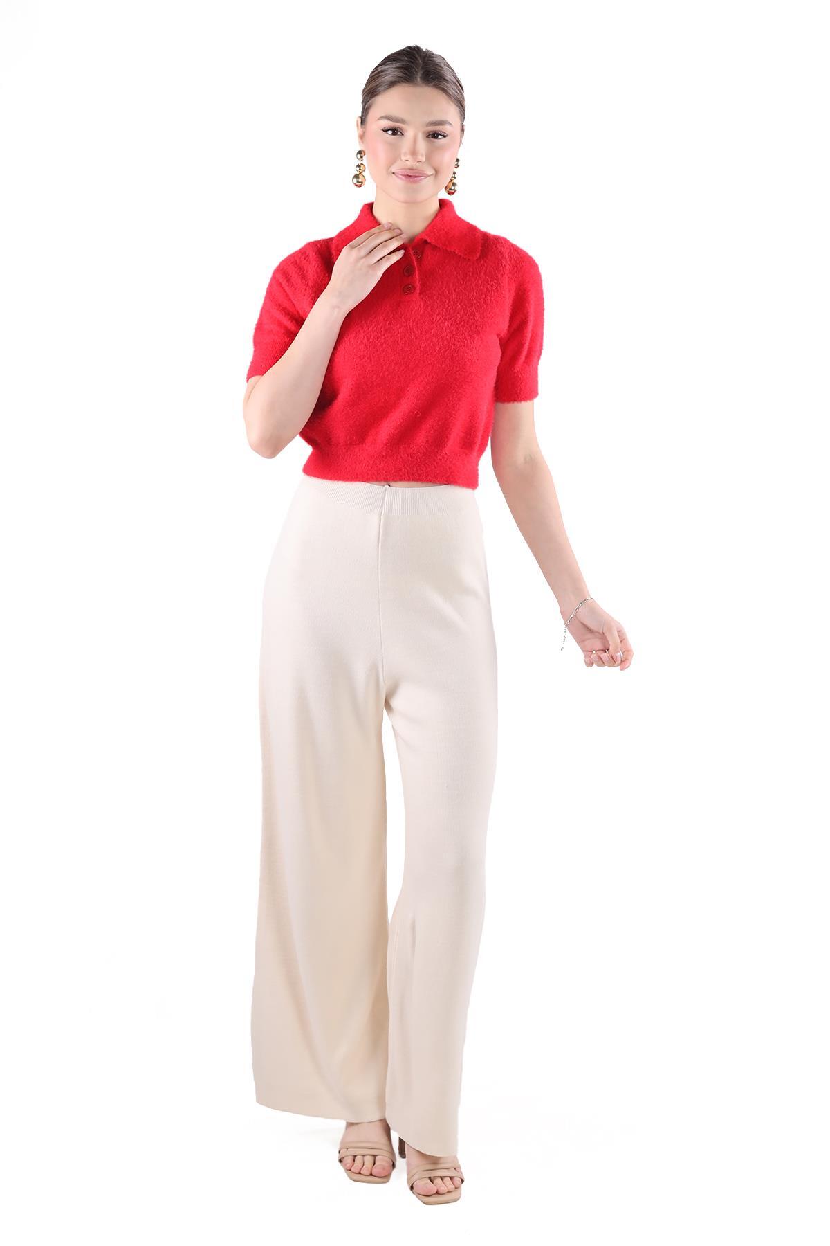 Kırmızı Yaka Düğme Detay Kısa Kol Kazak 24154 - 2