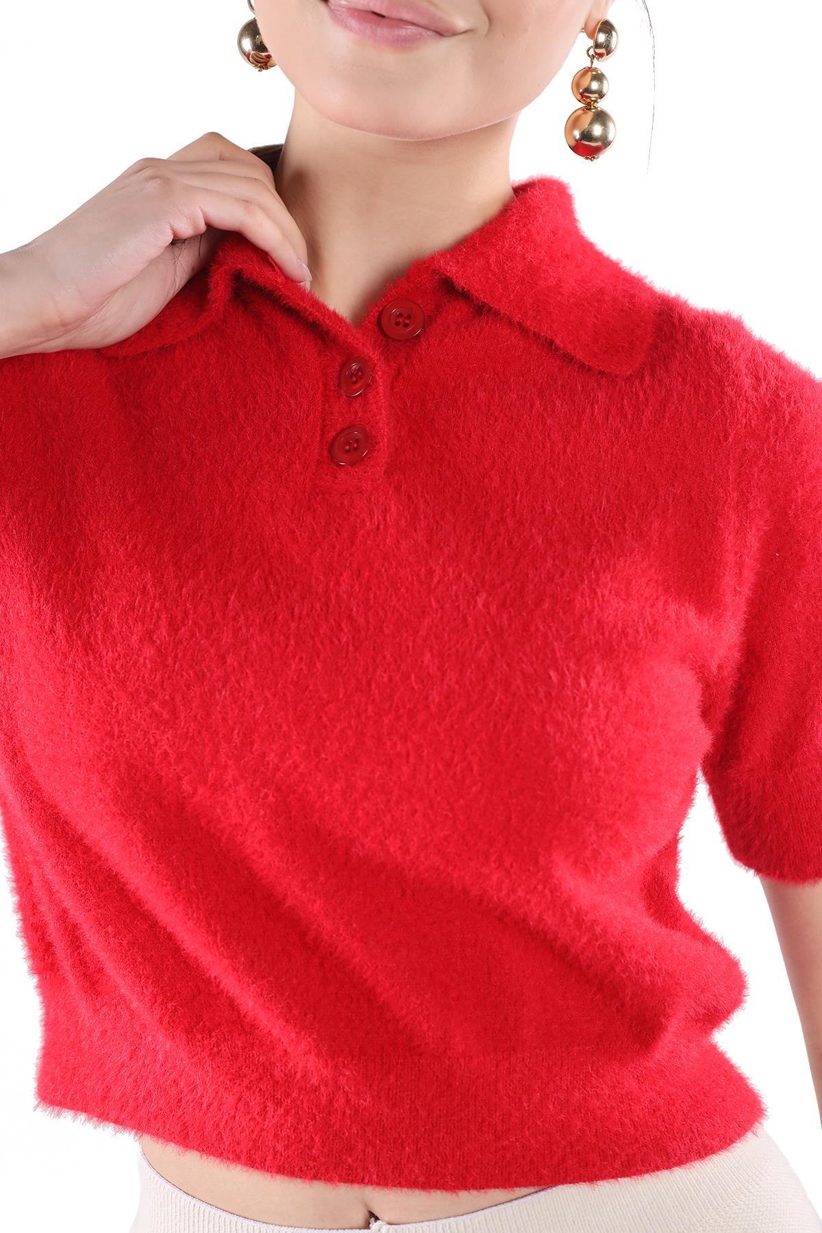 Kırmızı Yaka Düğme Detay Kısa Kol Kazak 24154 - 3