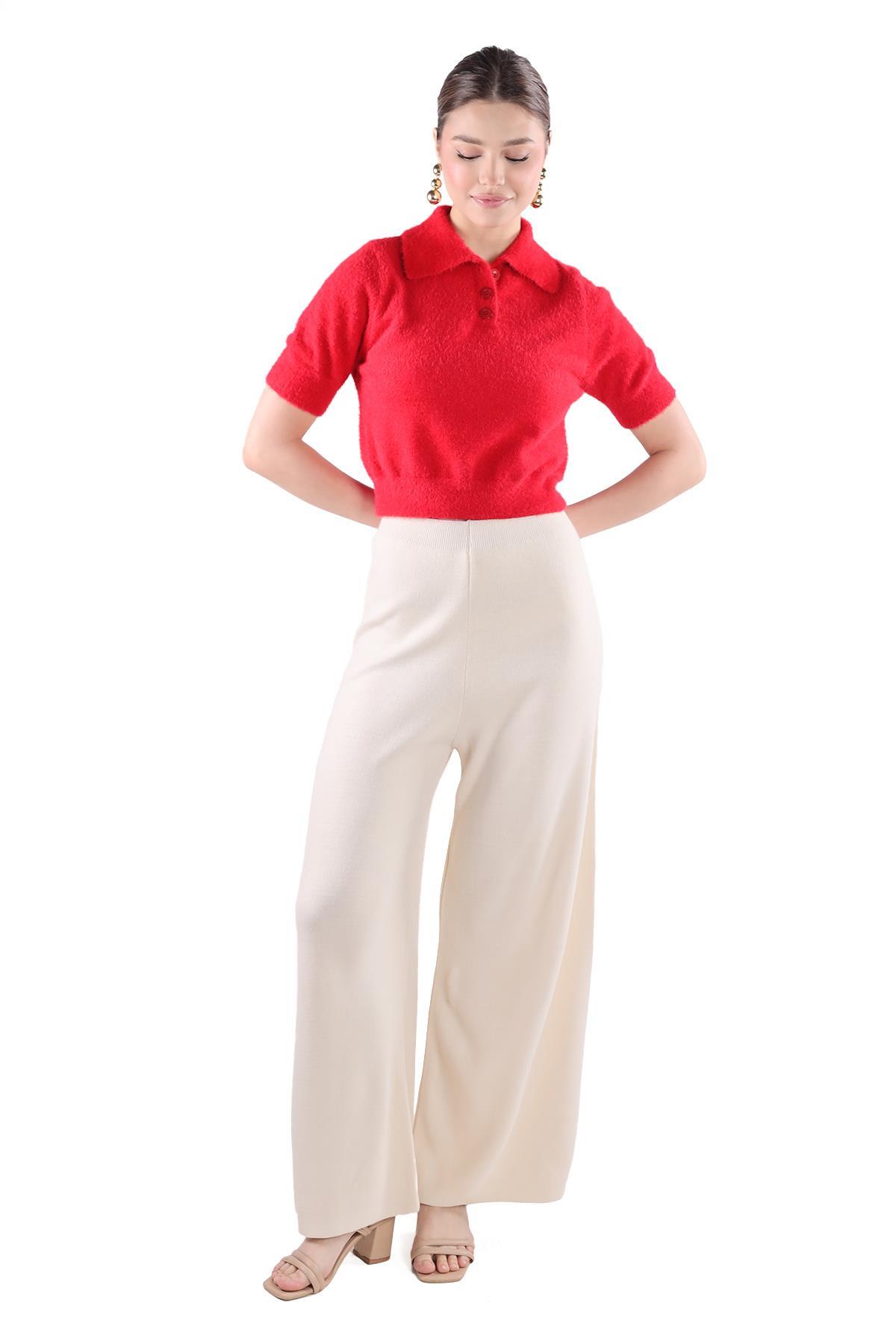 Kırmızı Yaka Düğme Detay Kısa Kol Kazak 24154 - 7