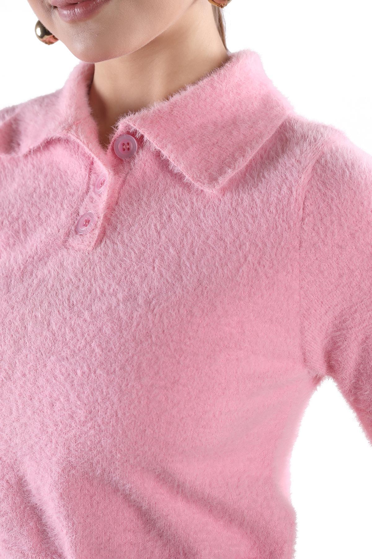 Pembe Yaka Düğme Detay Kısa Kol Kazak 24154 - 4