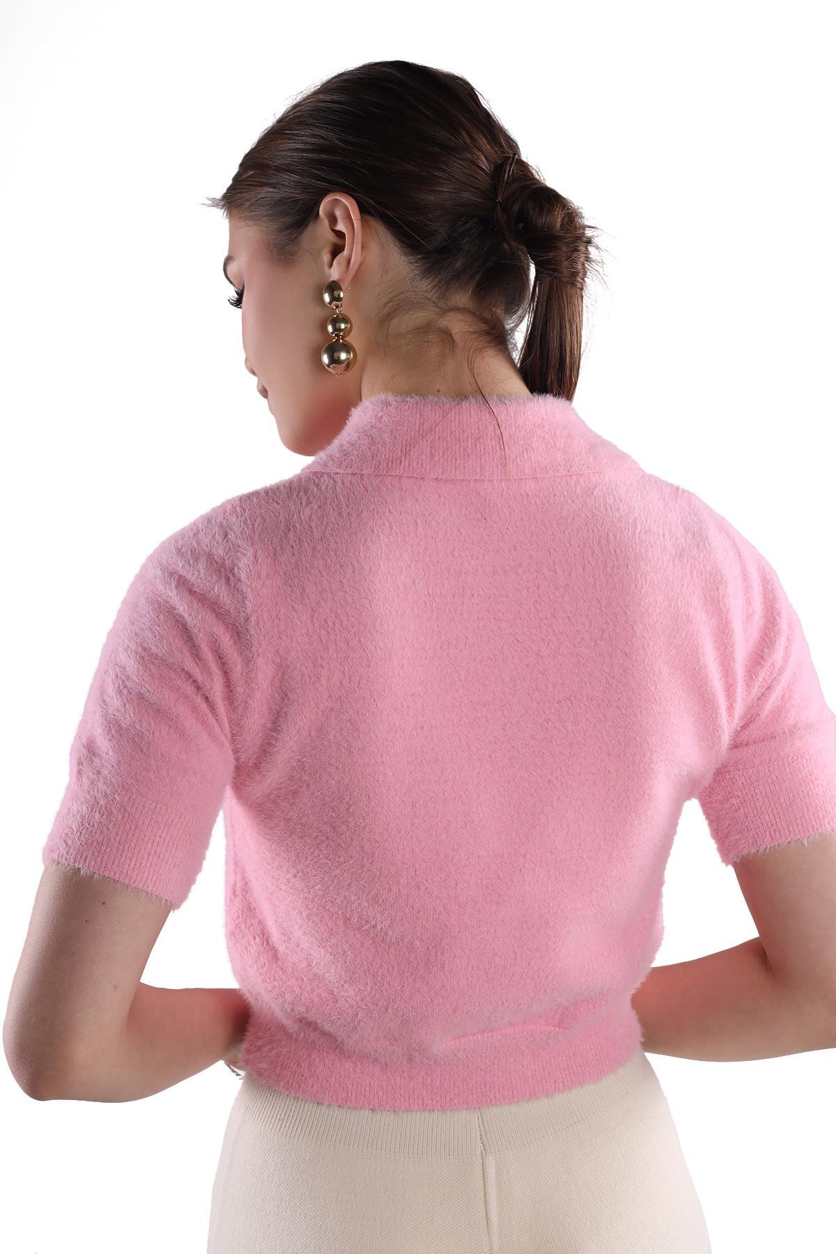 Pembe Yaka Düğme Detay Kısa Kol Kazak 24154 - 5