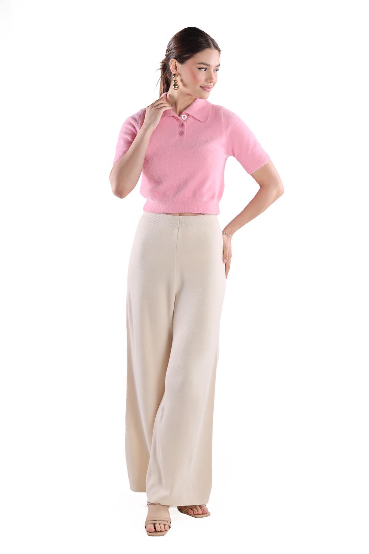 Pembe Yaka Düğme Detay Kısa Kol Kazak 24154 - 8