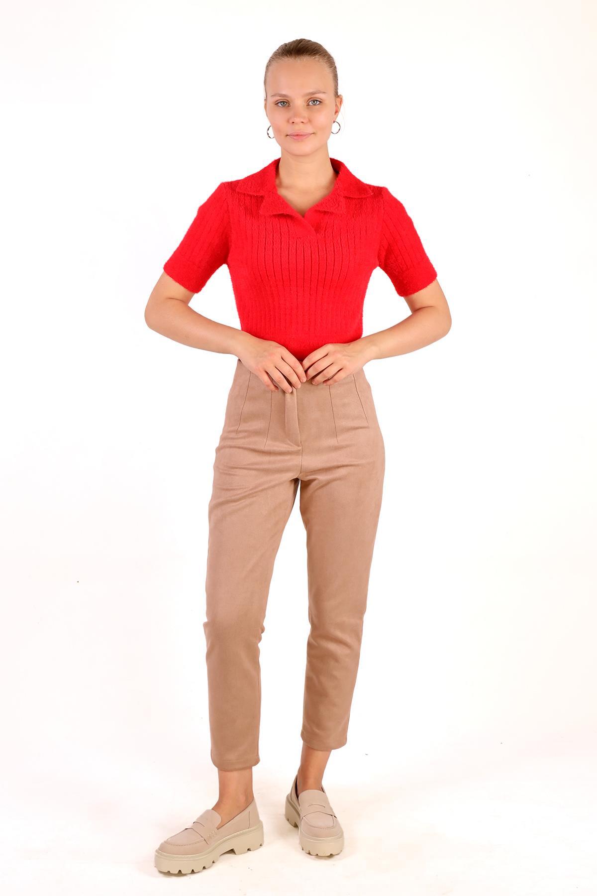 Kırmızı Polo Yaka Fitilli Kazak 24162 - 2