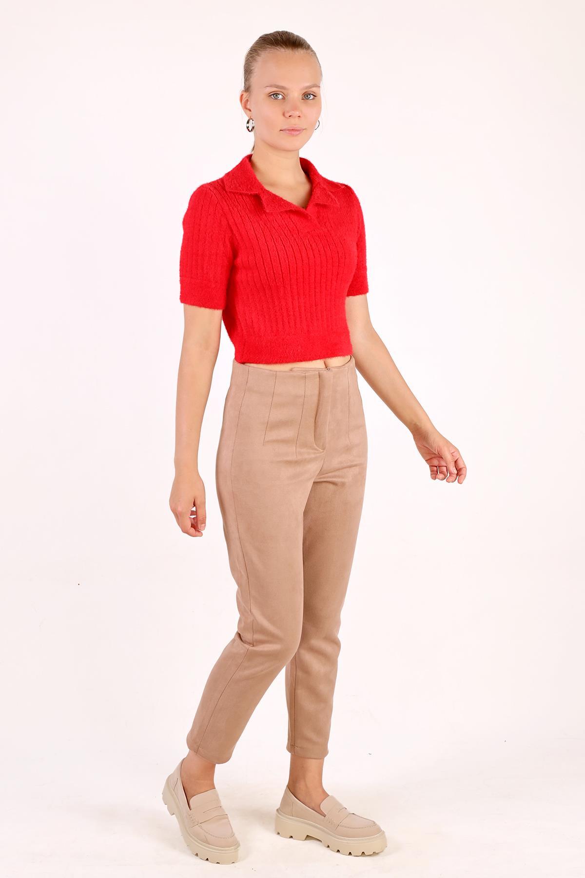 Kırmızı Polo Yaka Fitilli Kazak 24162 - 3