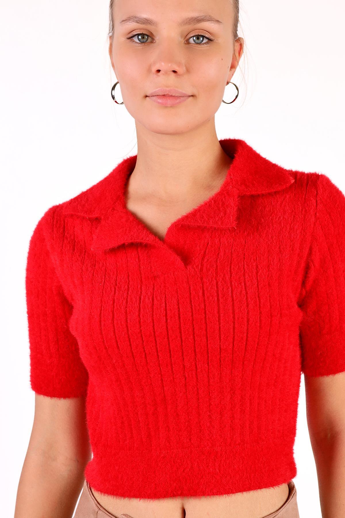 Kırmızı Polo Yaka Fitilli Kazak 24162 - 4