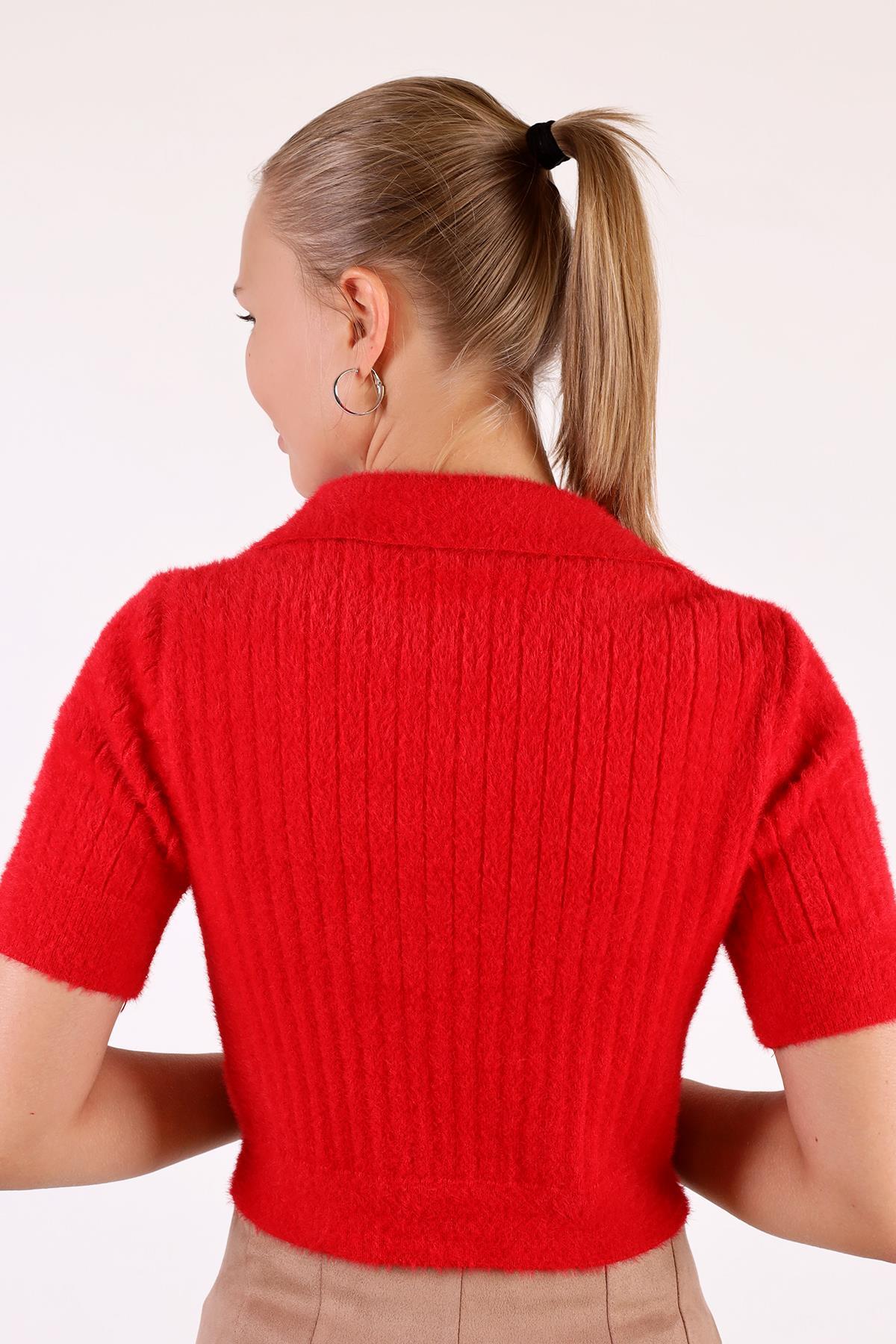 Kırmızı Polo Yaka Fitilli Kazak 24162 - 5